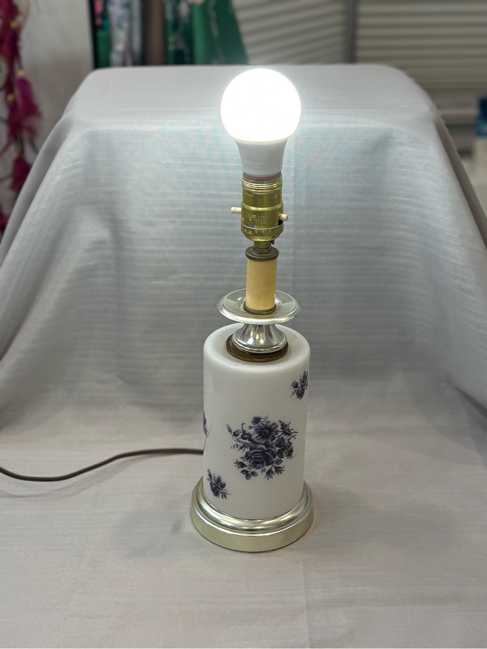 Vintage Blue Floral Ceramic Table Lamp by